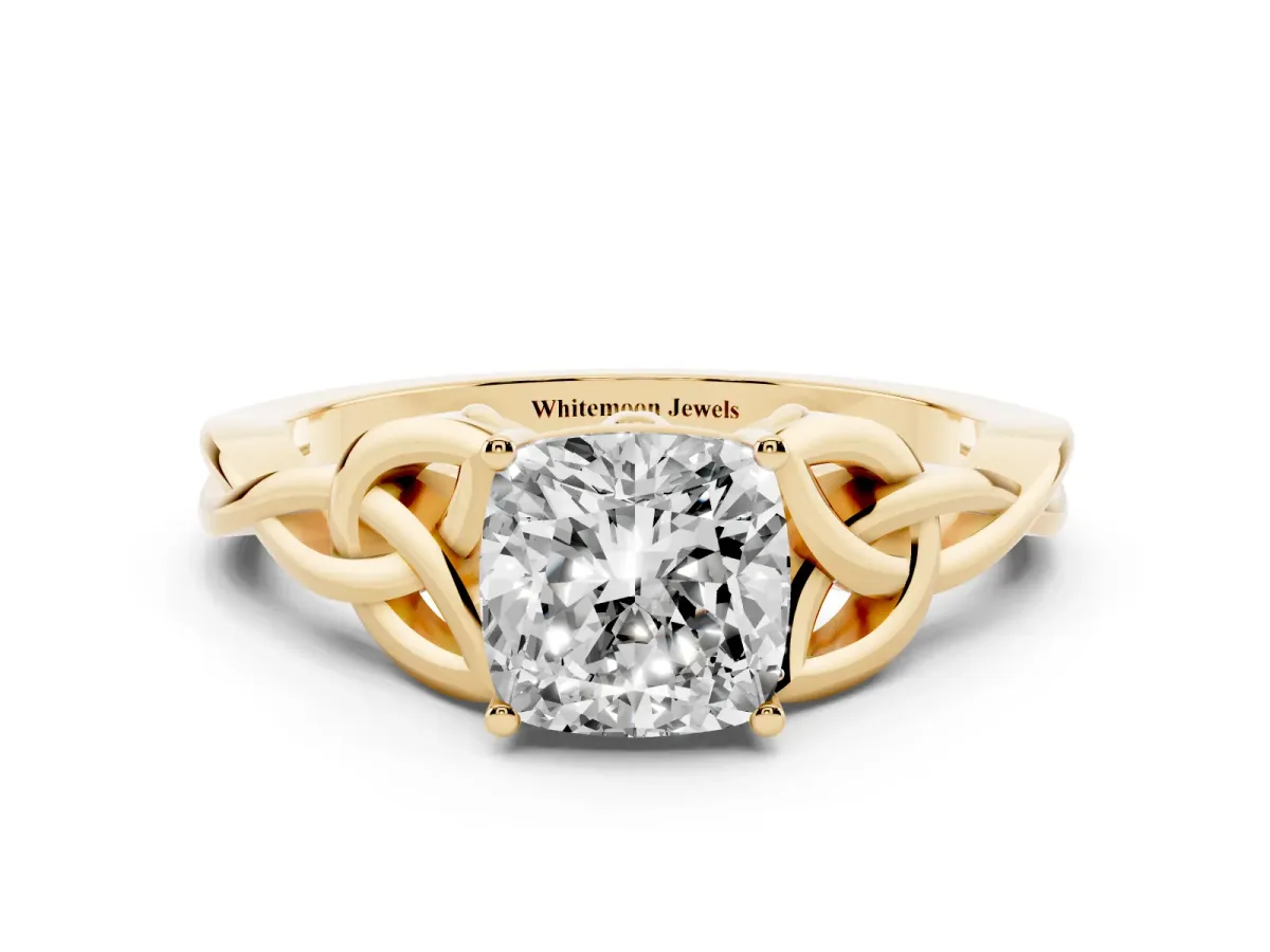Cushion Cut Diamond Solitaire Engagement Ring with Celtic Knot Band and Four-Prong Setting Yellow gold
