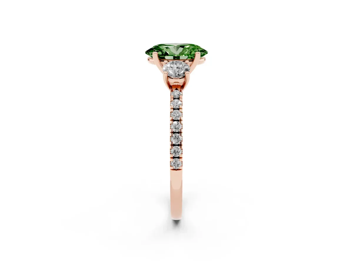 Fancy Green Three-Stone Oval Cut Cut Diamond Pavé Band with Prong Setting Rose gold