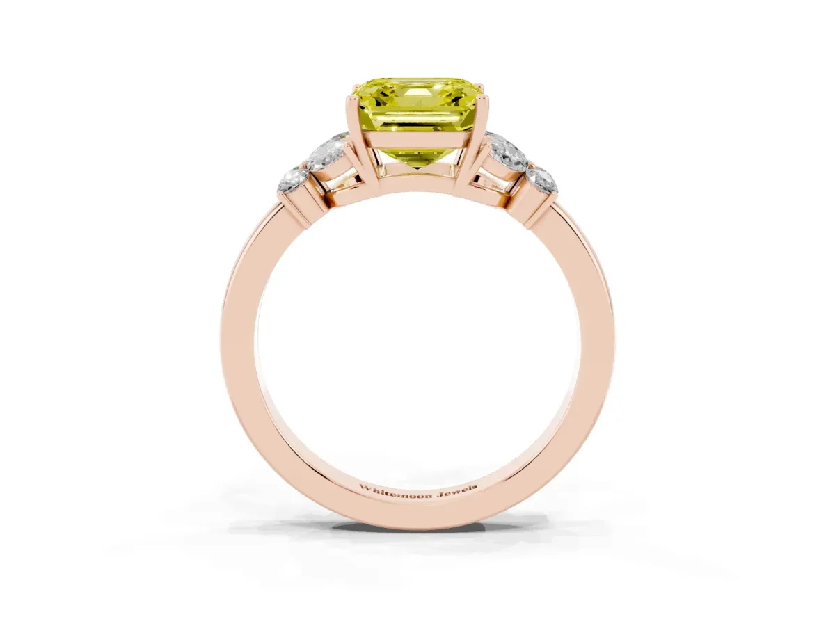 Fancy Yellow Asscher Cut Cut Solitaire Floral Diamond Ring with Four-Prong Setting Rose gold