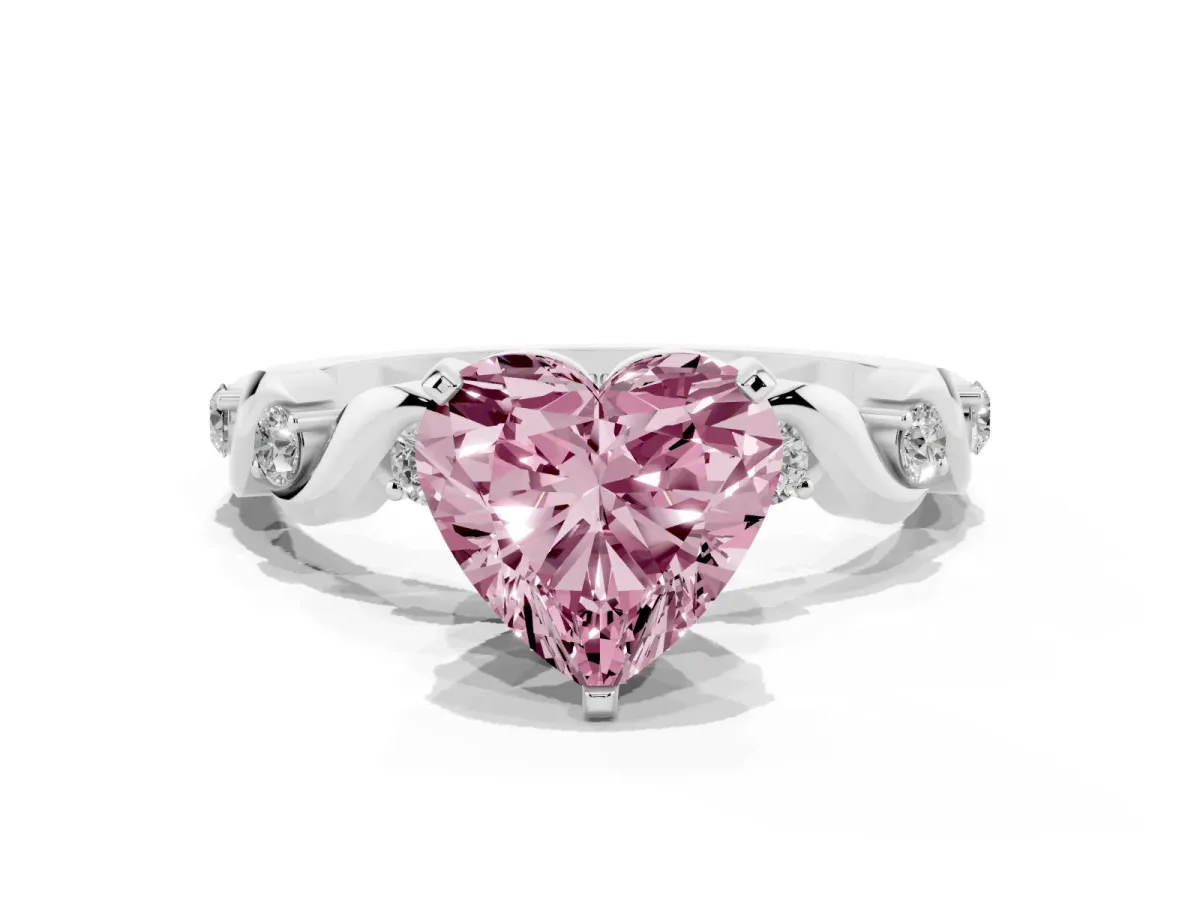 Fancy Pink Heart Cut Diamond Solitaire Twisted Band with Round Accents and Prong Setting White gold