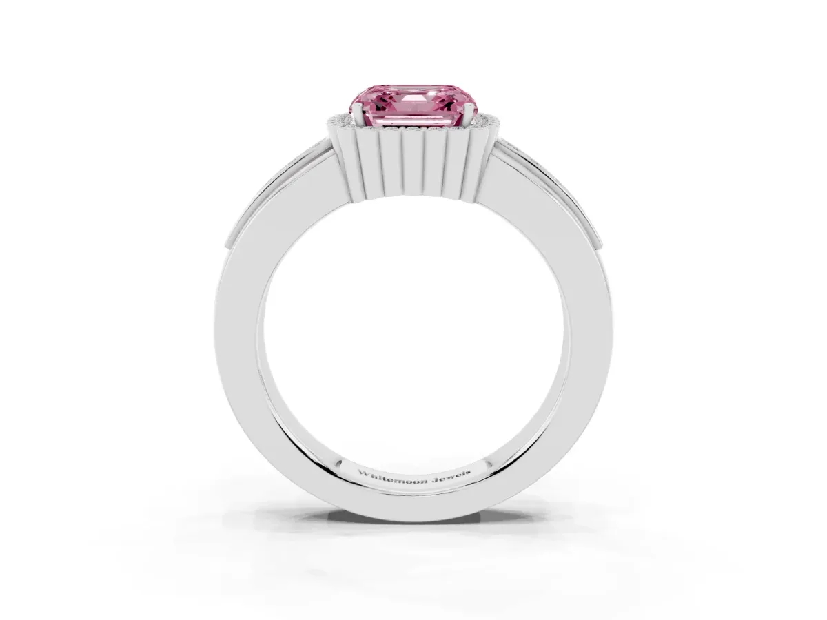 Fancy Pink Asscher Cut Cut Halo Pave Band Four-Prong Ring White gold