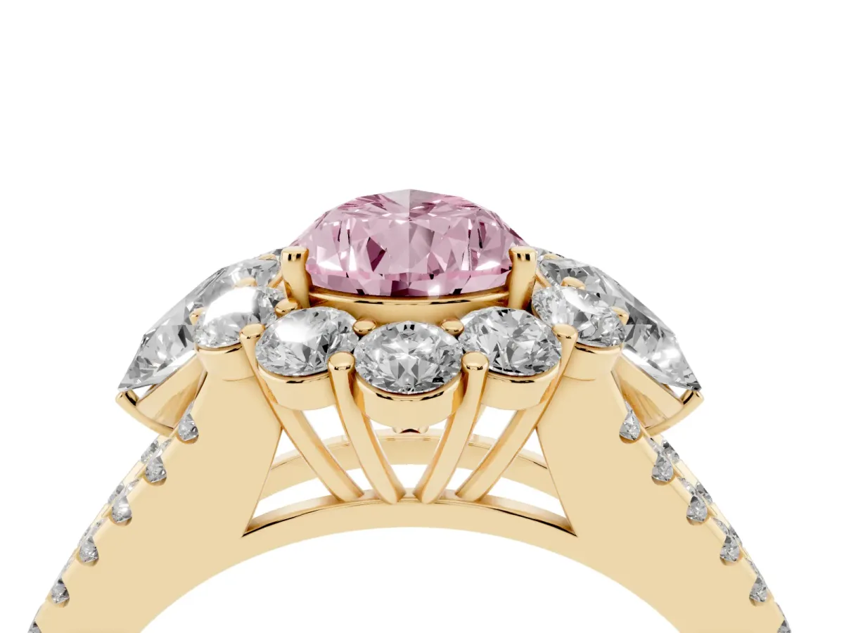 Fancy Pink Pear Cut Halo Split Shank Diamond Engagement Ring with Prong Setting Yellow gold