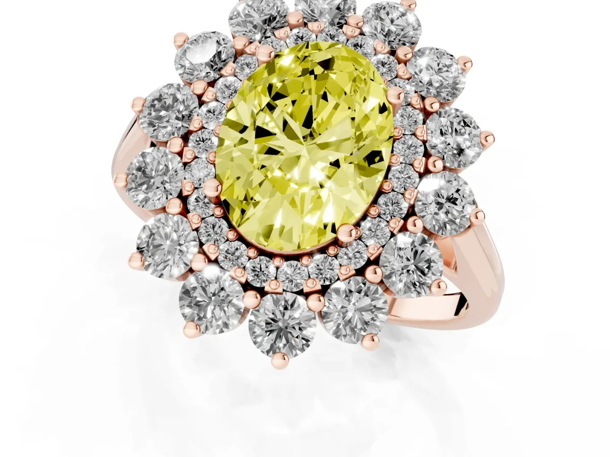 Fancy Yellow Oval Cut Diamond Floral Double Halo Engagement Ring with Prong Setting Rose gold