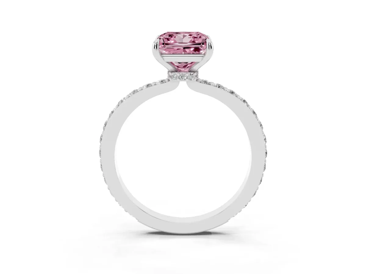 Fancy Pink Princess Cut Diamond Solitaire Engagement Ring with Pavé Band and Four-Prong Setting Silver