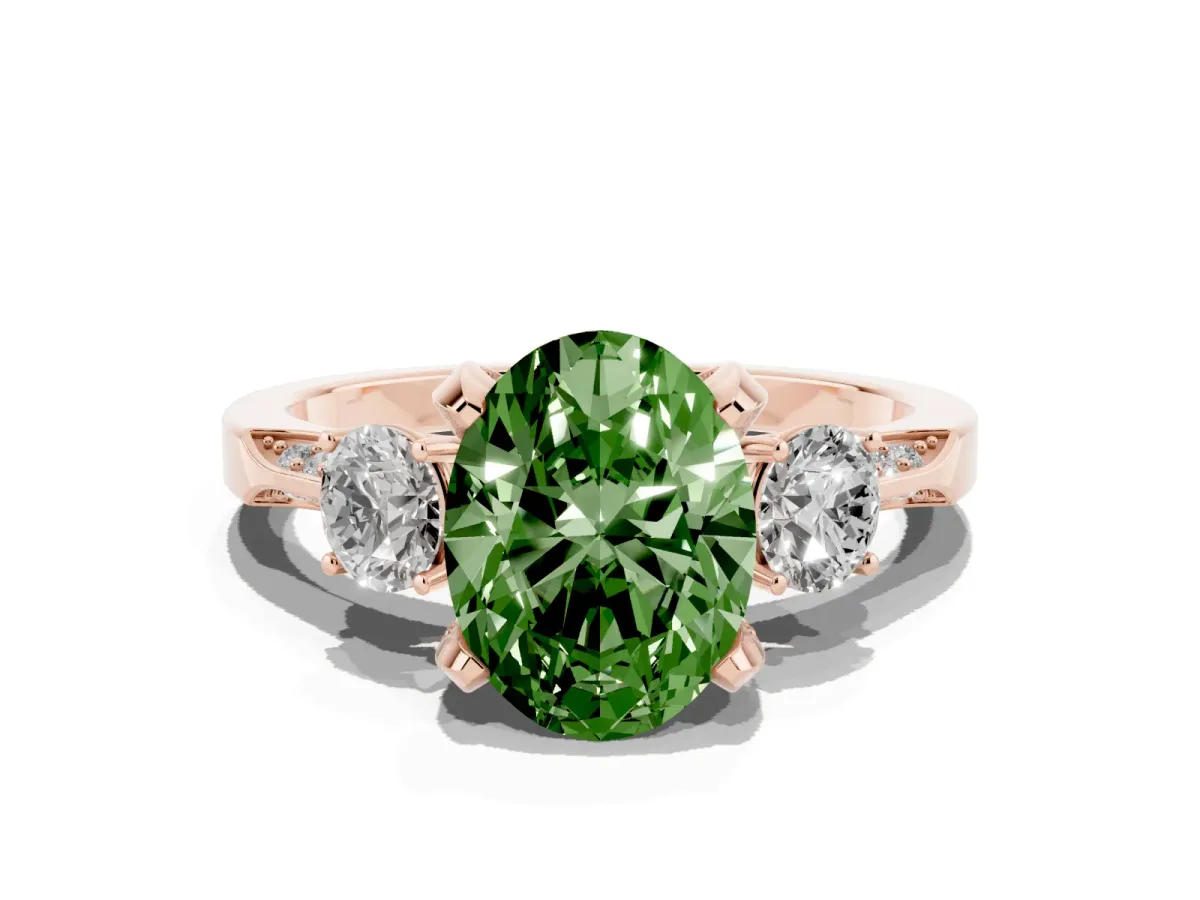 Fancy Green Oval Cut Brilliant Three-Stone Diamond Ring with Pavé Band and Four-Prong Setting Rose gold
