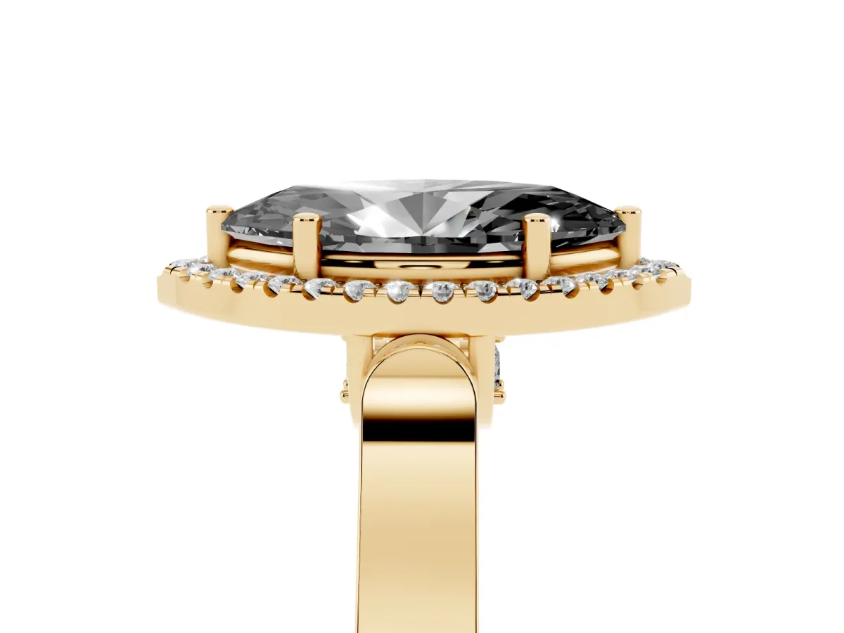 Fancy Black Marquise Cut Halo Round Diamond Twist Band with Four-Prong Setting Yellow gold