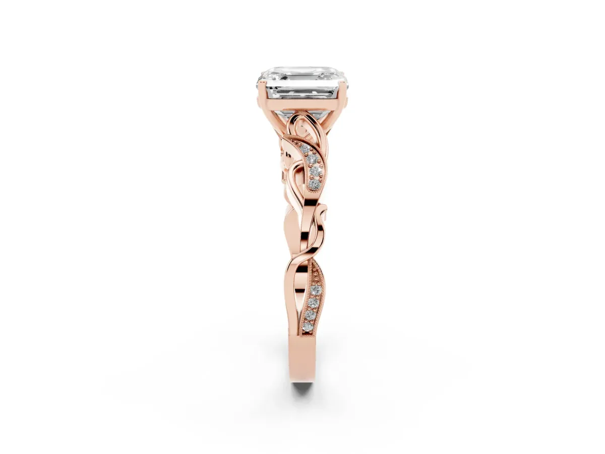 Asscher Cut Solitaire Vine Band with Milgrain Prong Setting Rose gold
