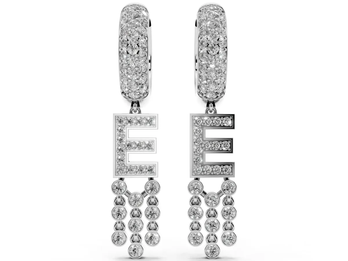 Round Diamond Initial E Huggie Hoop Earrings Platinum