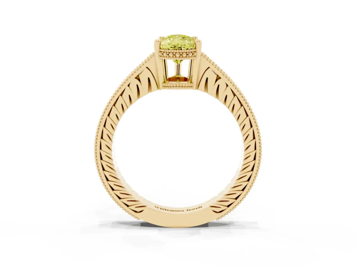 Fancy Yellow Pear Cut Solitaire Pavé Diamond Milgrain Engagement Ring with Four-Prong Setting Yellow gold