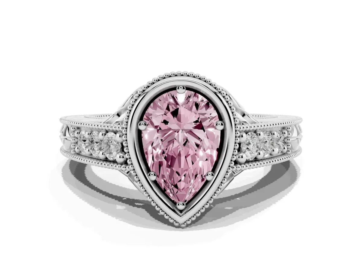 Fancy Pink Bezel Set Pear Cut Diamond Milgrain Pave Engagement Ring Platinum