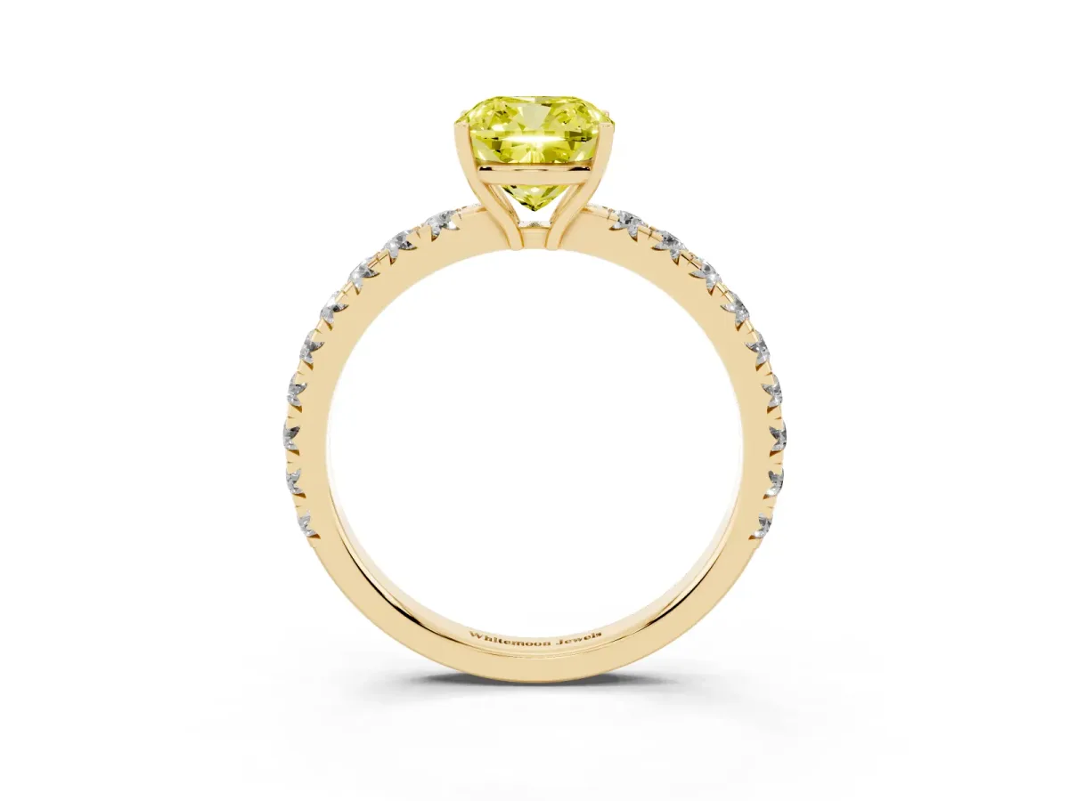Fancy Yellow Cushion Cut Diamond Pavé Solitaire Engagement Ring with Four-Prong Setting Yellow gold