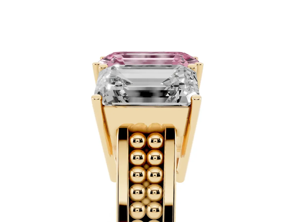 Fancy Pink Emerald Cut Diamond Three-Stone Ring with Prong Setting and Textured Band Yellow gold