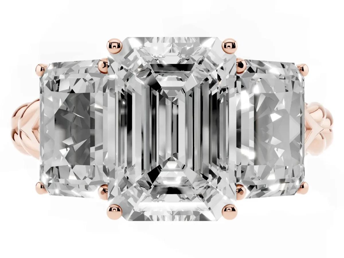 Three-Stone Emerald Cut Diamond Braided Band Ring with Four-Prong Setting Rose gold