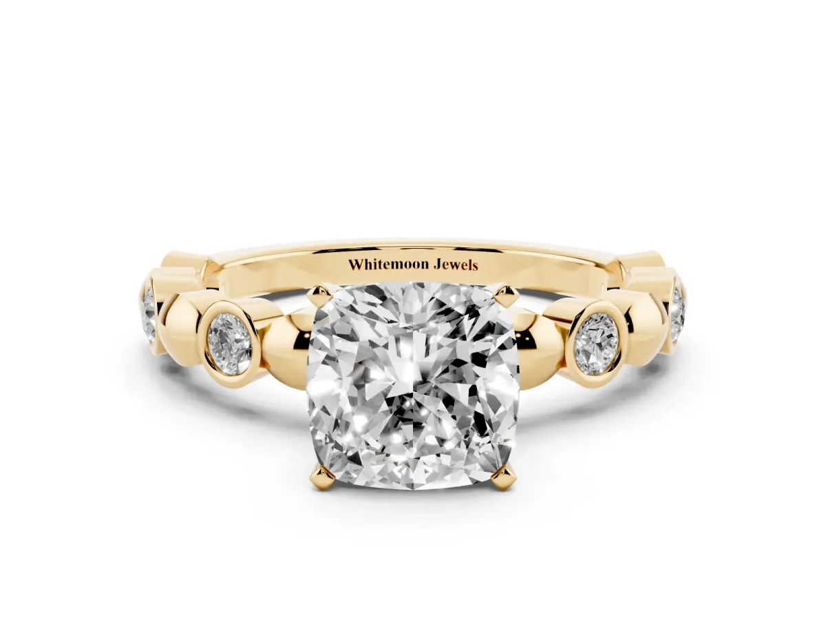 Cushion Cut Solitaire Bezel-Set Diamond Ring with Beaded Band and Four-Prong Setting Yellow gold