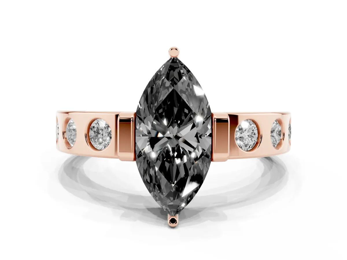 Fancy Black Marquise Cut Brilliant Channel-Set Diamond Ring with Bezel Prong Setting Rose gold