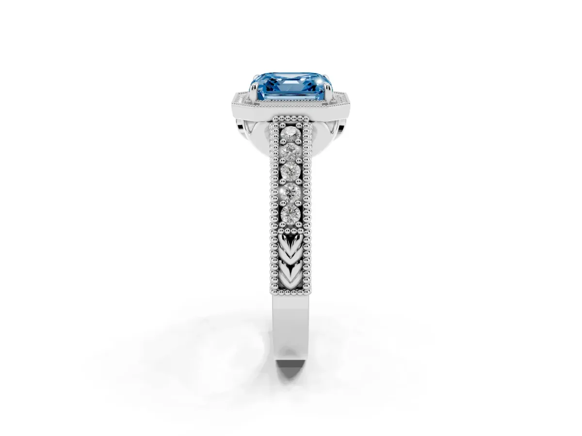 Fancy Blue Asscher Cut Cut Halo Diamond Ring with Pavé Band and Four-Prong Setting Silver