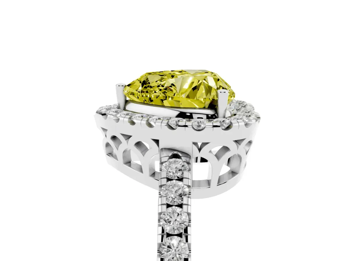 Fancy Yellow Heart Cut Halo Diamond Engagement Ring with Pavé Band and Four-Prong Setting White gold