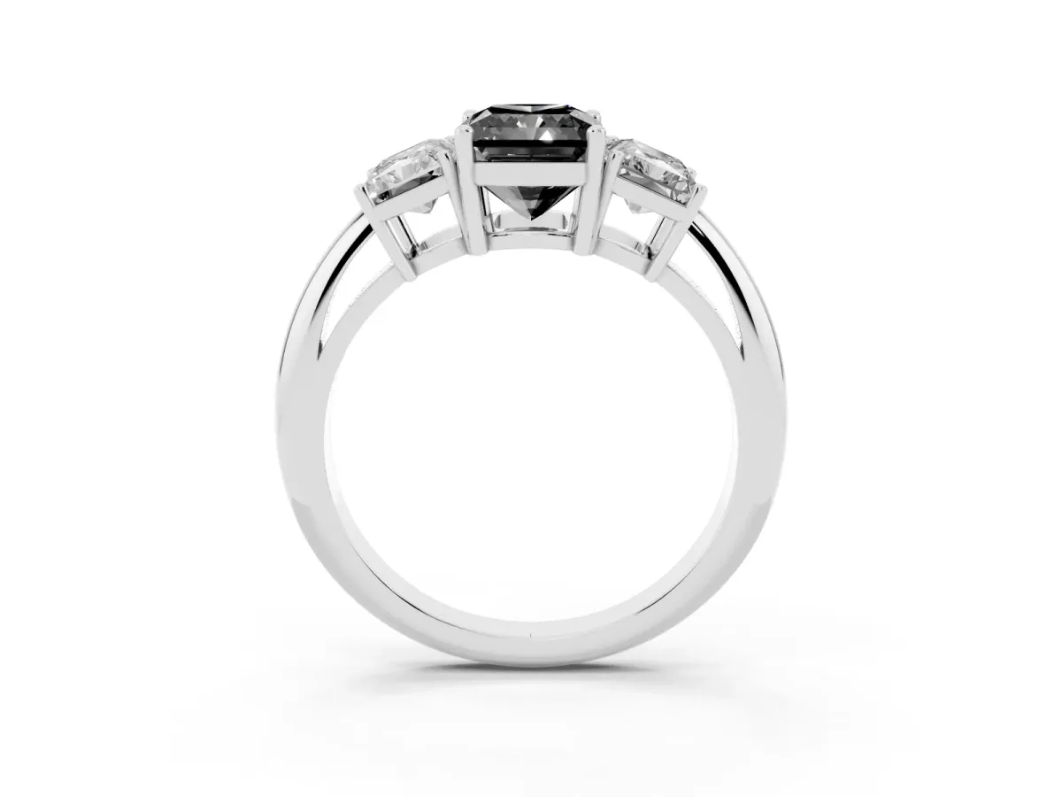 Fancy Black Three-Stone Radiant Cut Cut Diamond Engagement Ring with Prong Setting on a White Gold Band Silver