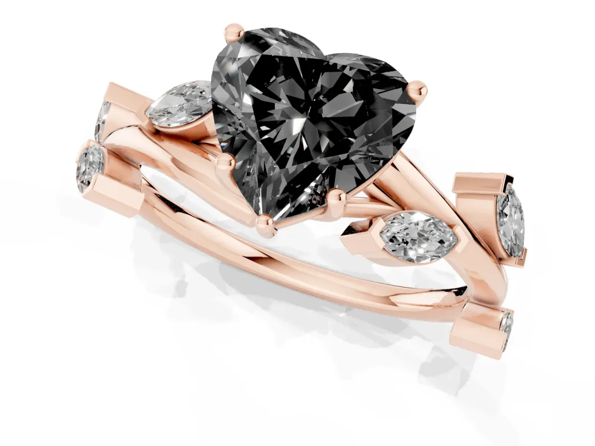 Fancy Black Heart Cut Solitaire Twisted Band Marquise Accent Prong Setting Ring Rose gold