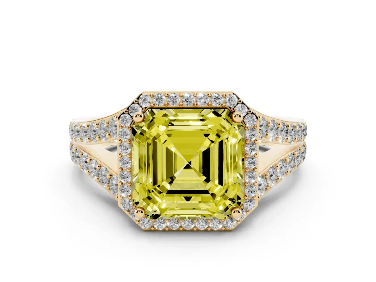 Fancy Yellow Asscher Cut Diamond Split Shank Halo Ring with Four-Prong Setting Yellow gold