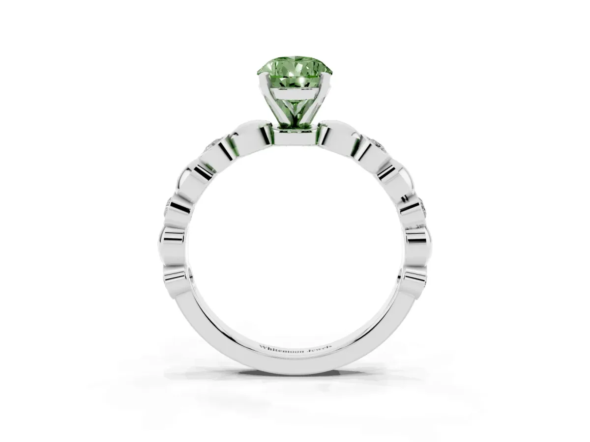Fancy Green Pear Cut Solitaire Bezel-Set Diamond Ring with Beaded Band and Four-Prong Setting Silver