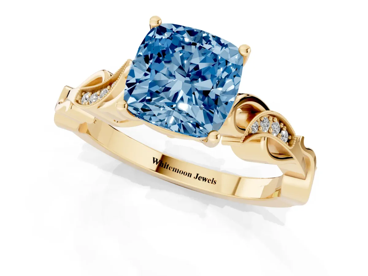 Fancy Blue Cushion Cut Solitaire Vine Band with Milgrain Prong Setting Yellow gold