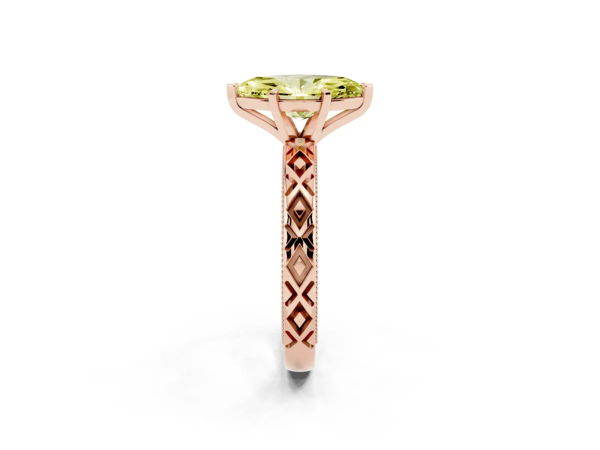 Fancy Yellow Marquise Cut Solitaire Diamond Ring with Milgrain and Black Enamel X Pattern Band Rose gold