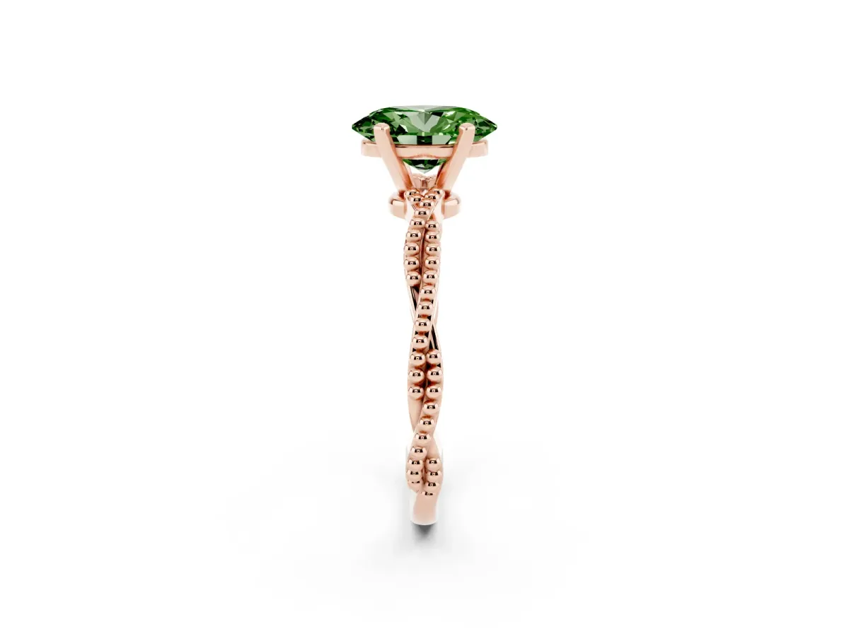 Fancy Green Oval Cut Solitaire Twisted Band with Bead Prong Setting Rose gold