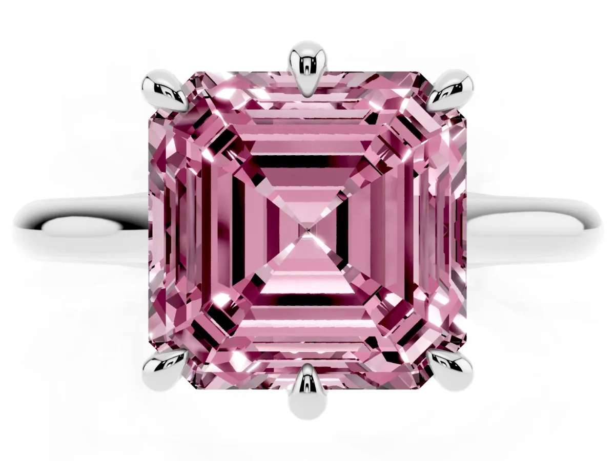 Fancy Pink Asscher Cut Solitaire Engagement Ring with Six-Prong Setting and Classic Band Platinum