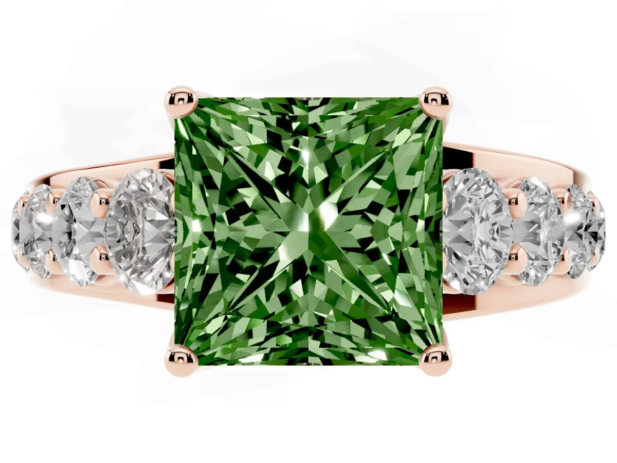 Fancy Green Princess Cut Diamond Engagement Ring with Pavé Band and Four-Prong Setting Rose gold
