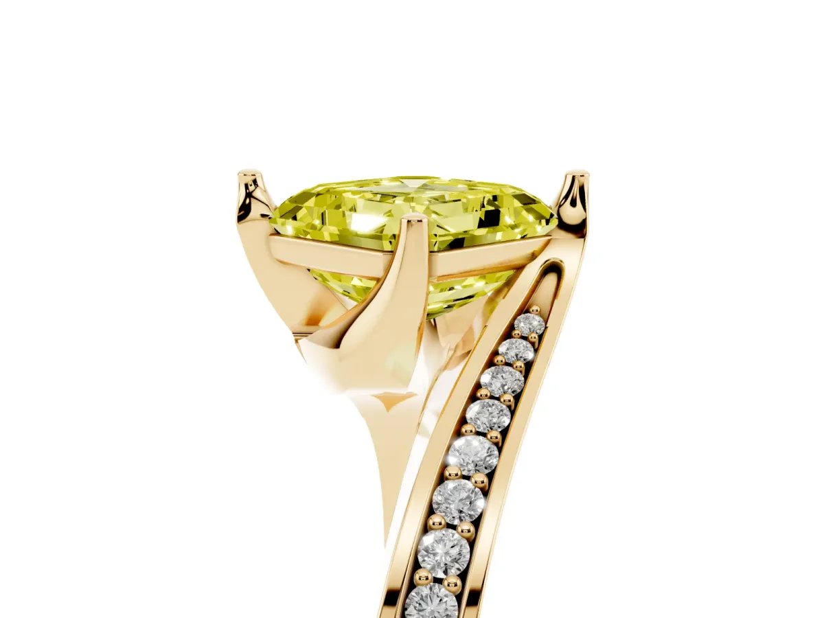 Fancy Yellow Asscher Cut Solitaire Diamond Twist Band with Pavé Setting and Four-Prong Setting Yellow gold