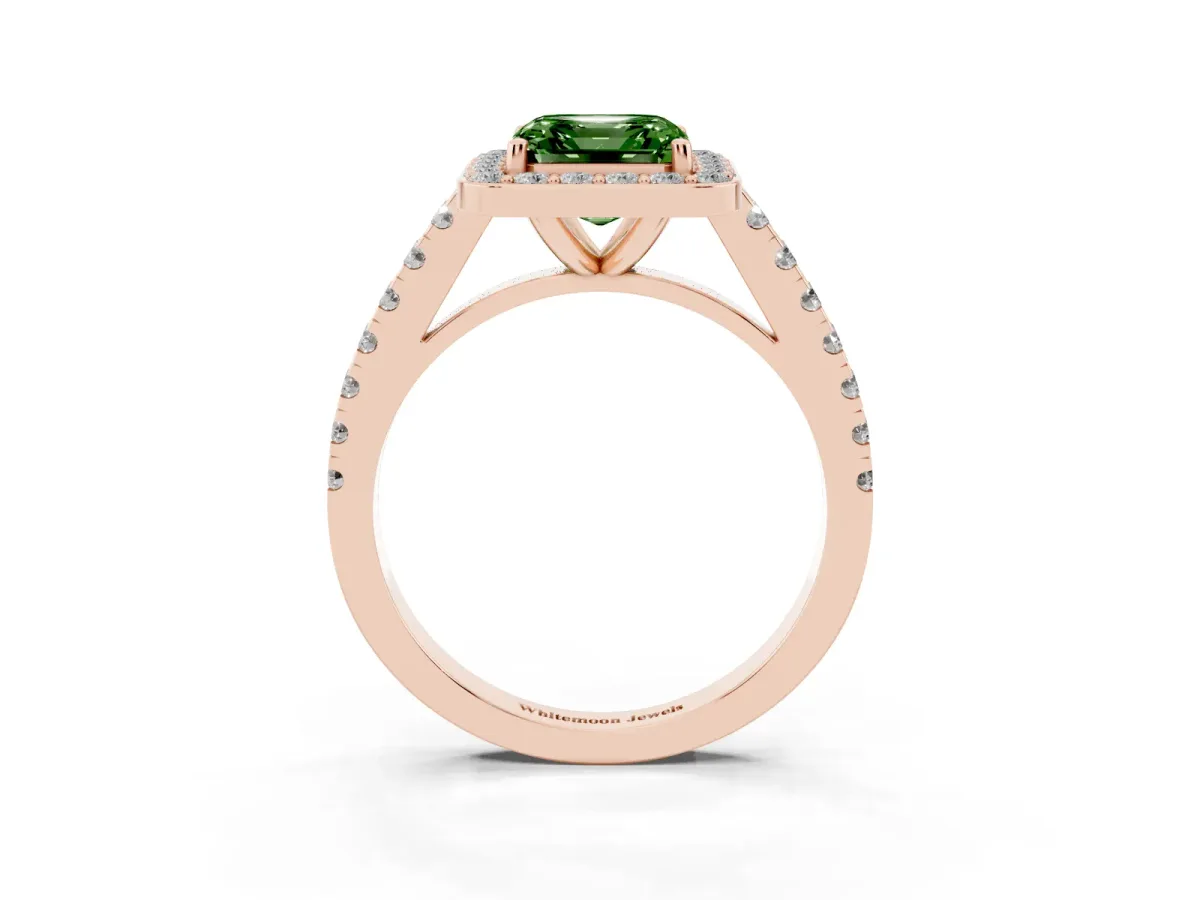 Fancy Green Asscher Cut Diamond Halo Ring with Round Pavé Split Shank and Prong Setting Rose gold