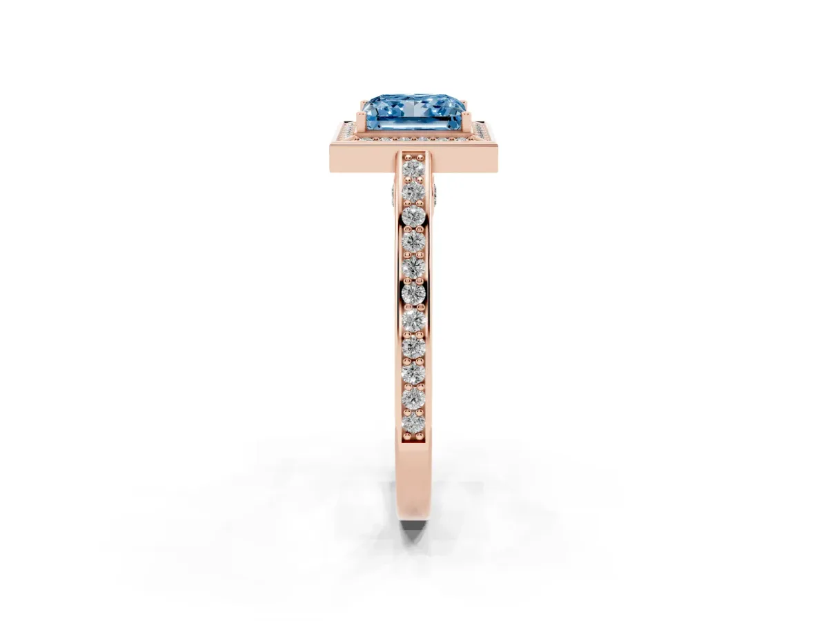 Fancy Blue Princess Cut Cut Halo Pave Split Shank Prong Setting Ring Rose gold