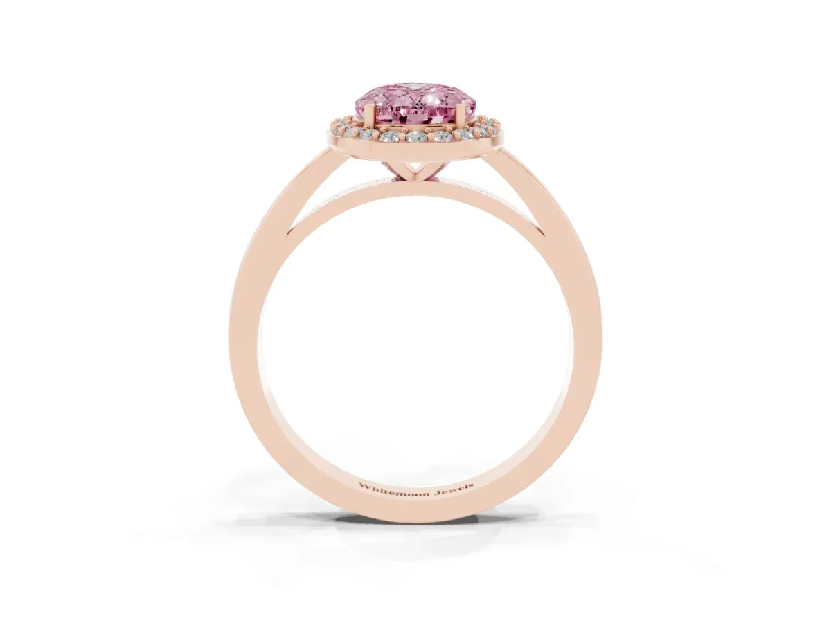Fancy Pink Oval Cut Halo Diamond Ring with Solitaire Band and Prong Setting Rose gold