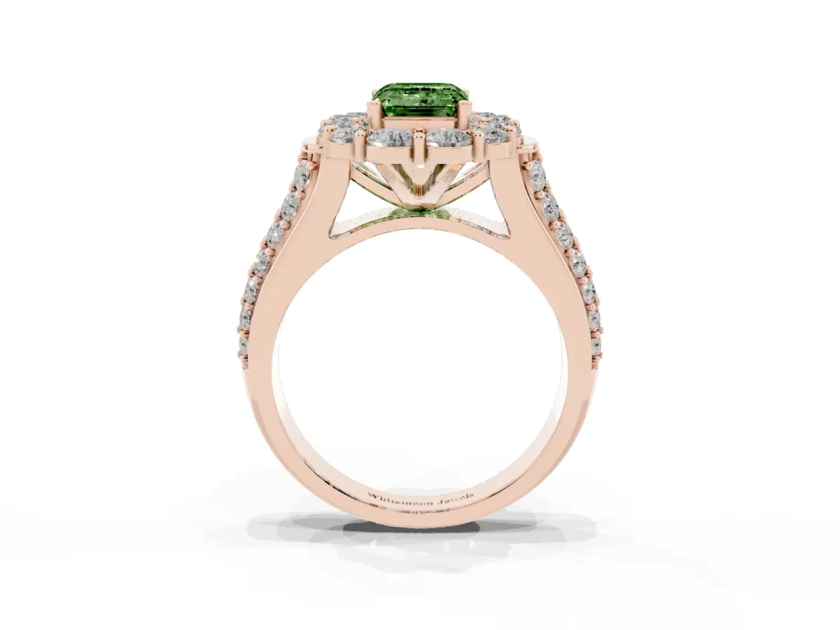 Fancy Green Emerald Cut Halo Diamond Engagement Ring with Split Shank and Prong Setting Rose gold