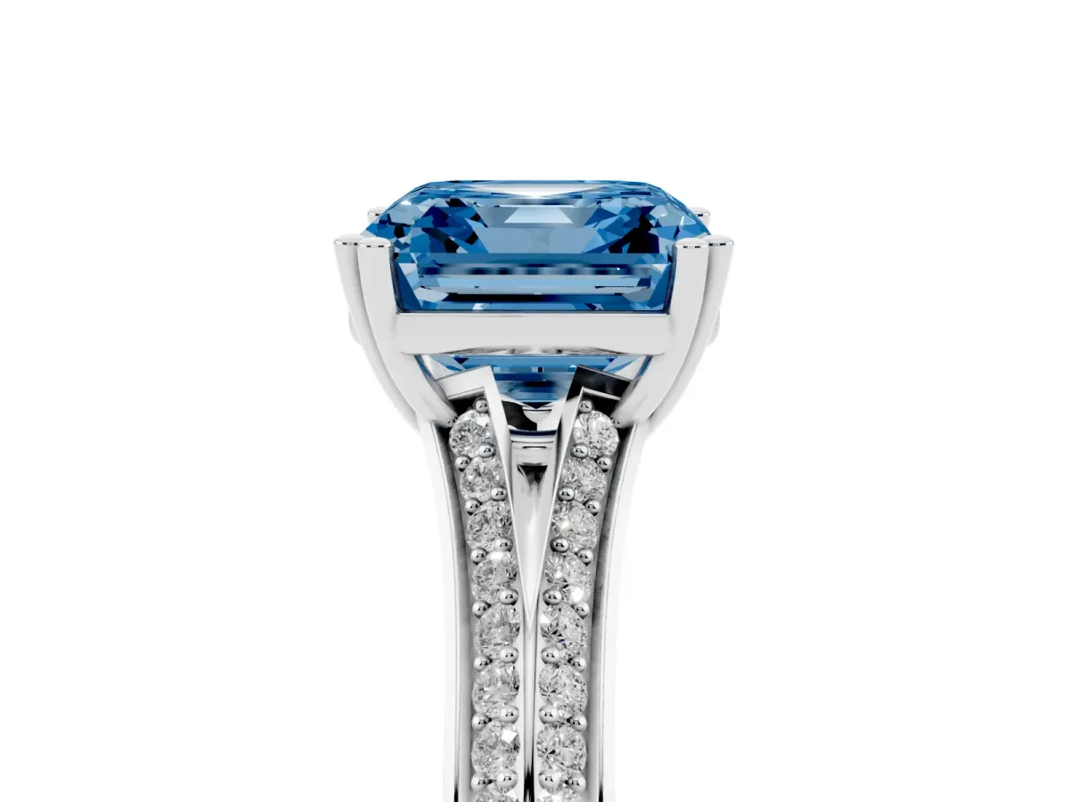 Fancy Blue Asscher Cut Diamond Split Shank Engagement Ring with Pavé Band Silver
