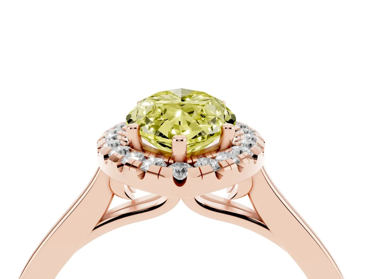 Fancy Yellow Marquise Cut Halo Round Diamond Solitaire Ring with Pavé Band and Four-Prong Setting Rose gold
