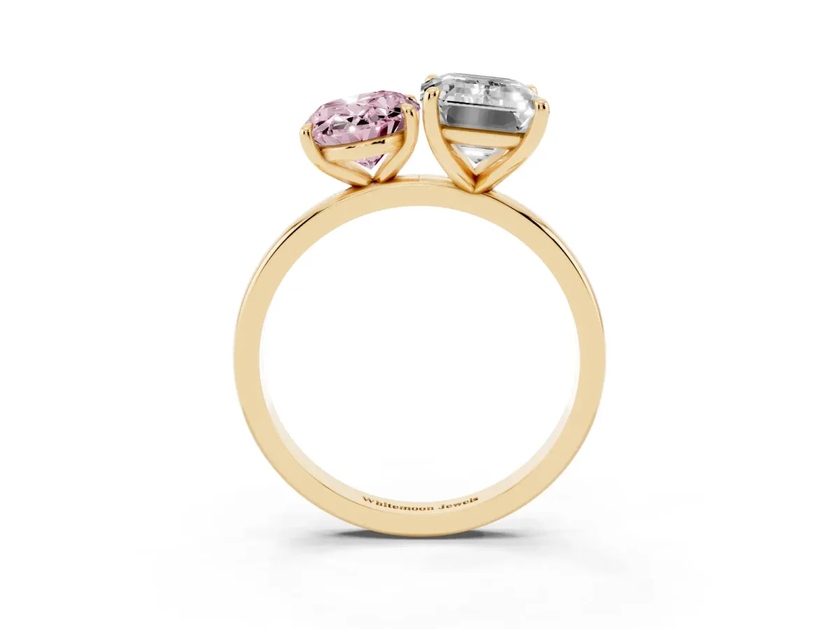 Fancy Pink Oval Cut and Emerald Cut Toi Moi Ring with Prong Setting Yellow gold