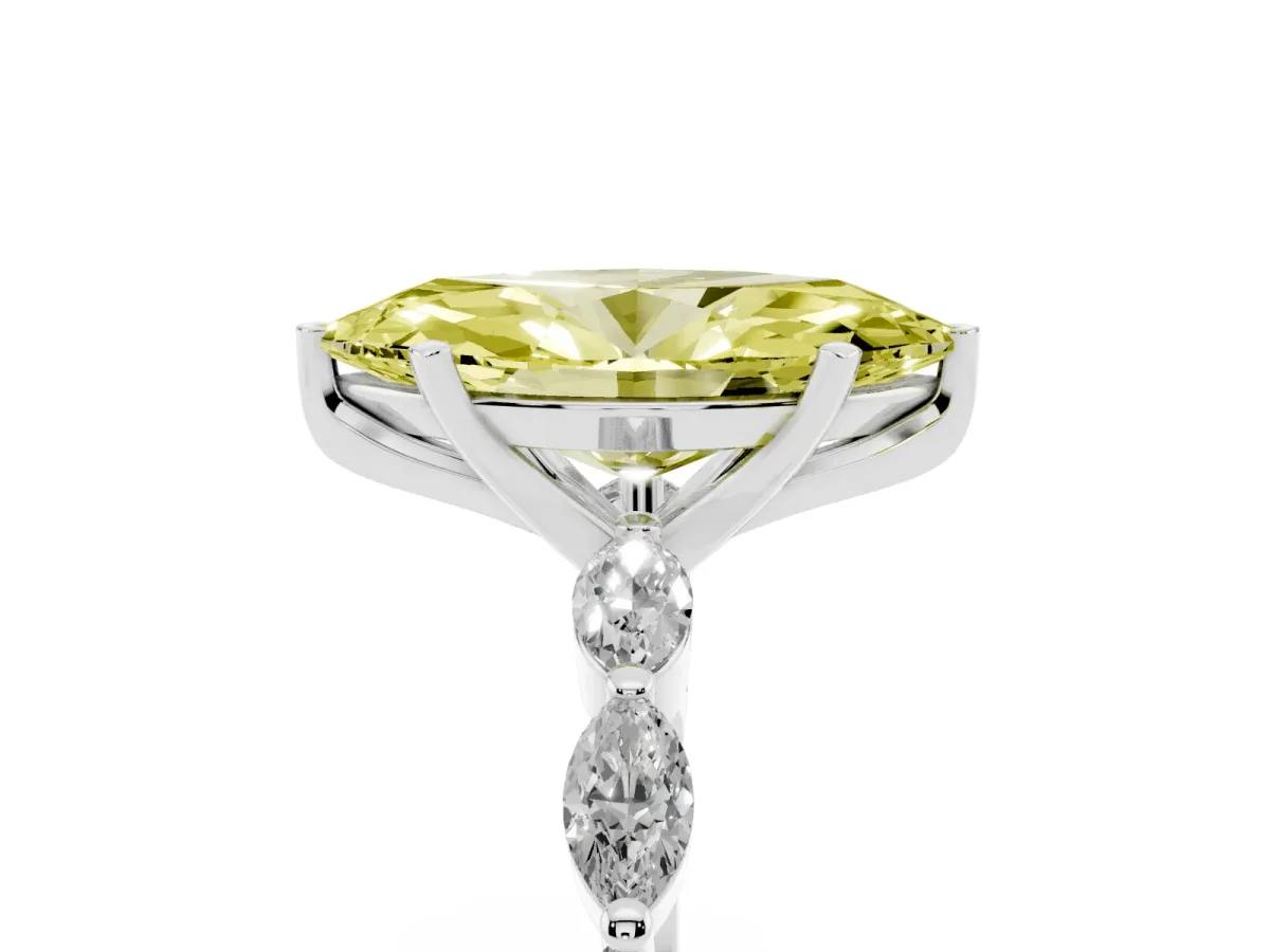 Fancy Yellow Marquise Cut Diamond Ring with Marquise Side Stones and Prong Setting Platinum