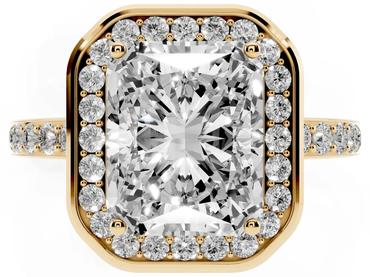 Radiant Cut Diamond Halo Ring with Bezel Frame and Pavé Band Yellow gold