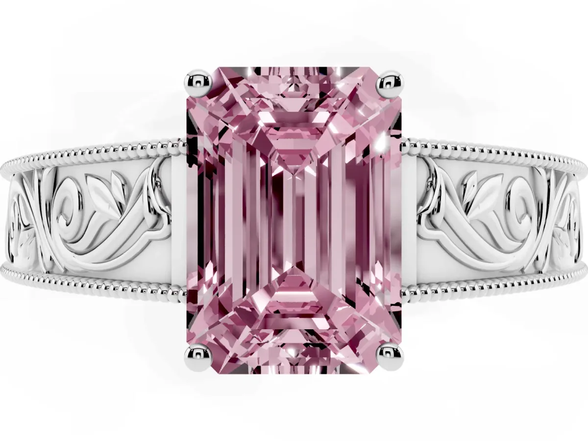 Fancy Pink Emerald Cut Diamond Solitaire Ring with Engraved Band and Four-Prong Setting Platinum