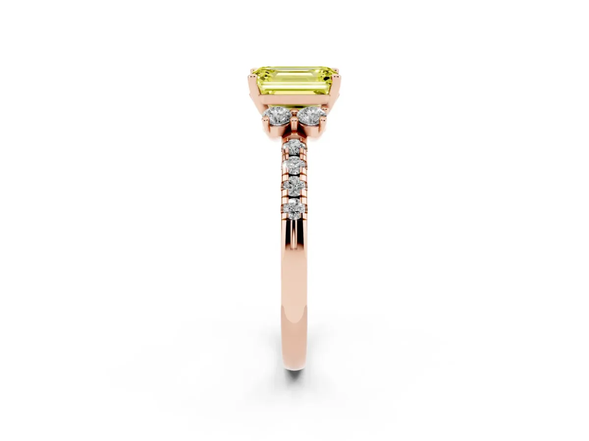 Fancy Yellow Emerald Cut Diamond Three-Stone Pave Band with Four-Prong Setting Rose gold