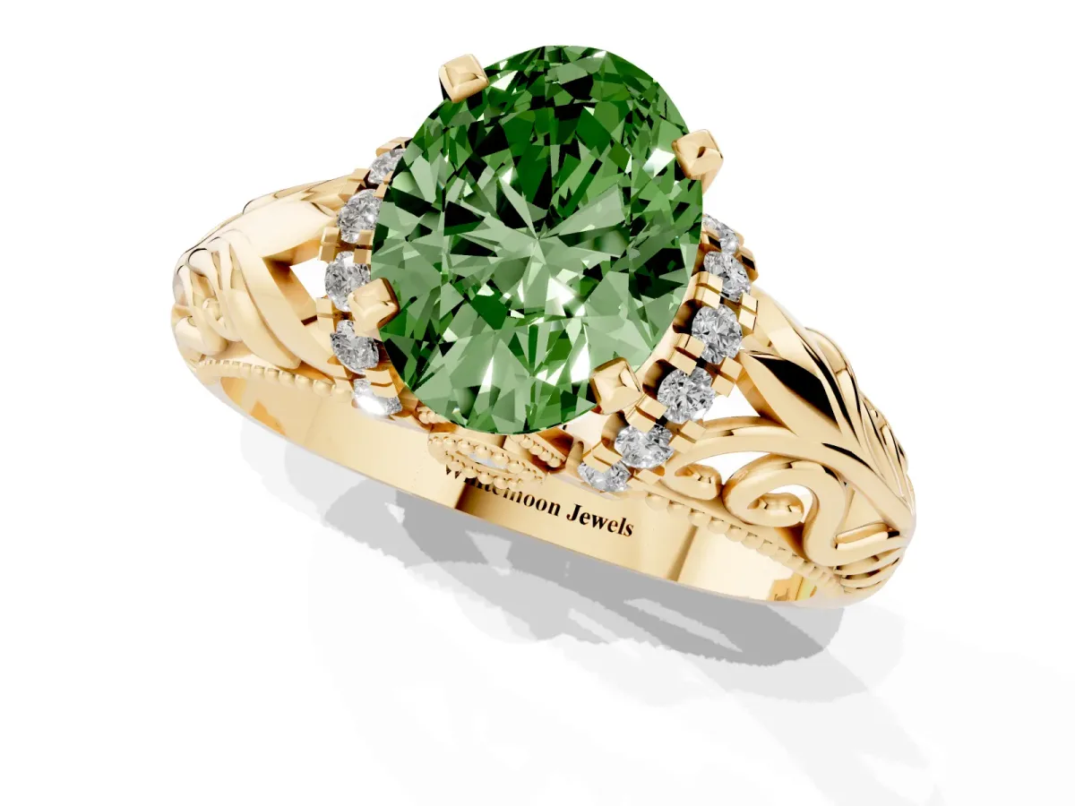 Fancy Green Oval Cut Solitaire Filigree Engagement Ring with Halo and Prong Setting Yellow gold