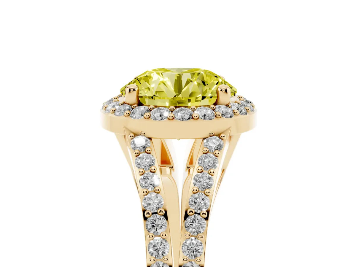 Fancy Yellow Round Cut Halo Split Shank Diamond Ring with Prong Setting Yellow gold