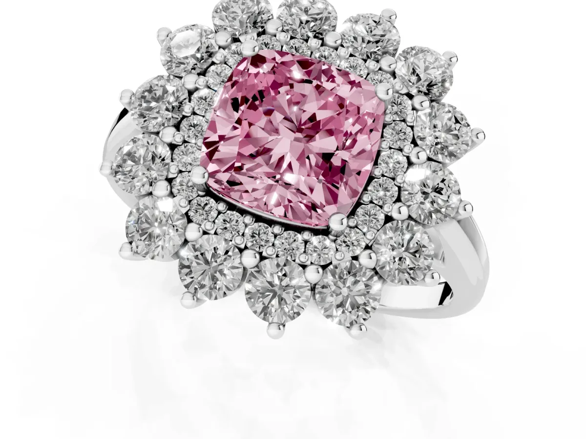 Fancy Pink Cushion Cut Diamond Floral Double Halo Engagement Ring with Prong Setting Silver