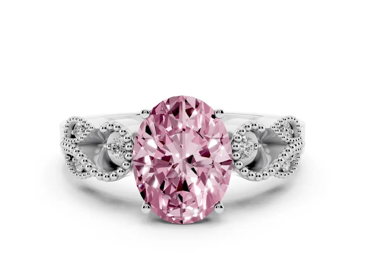 Fancy Pink Oval Cut Solitaire Milgrain Leaf Band with Prong Setting Silver
