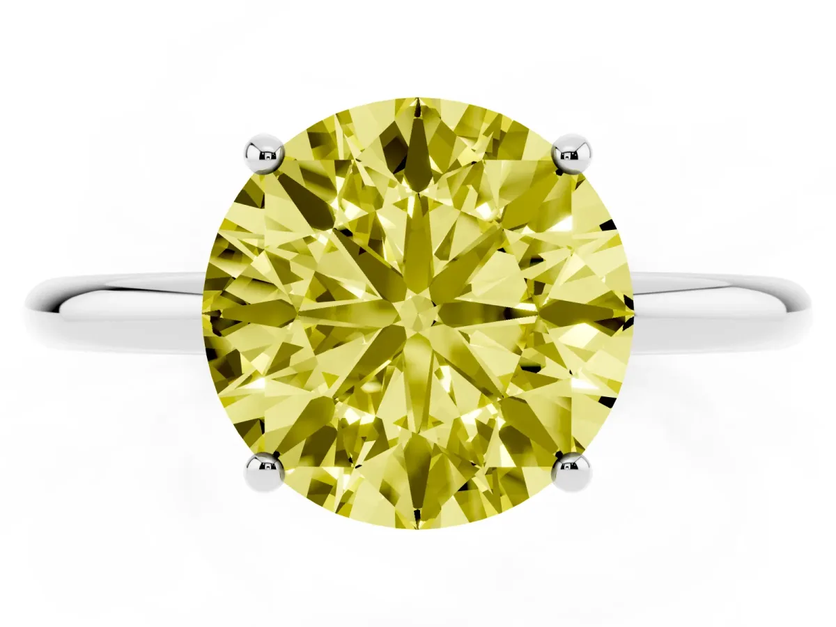 Fancy Yellow Round Cut Solitaire Diamond Ring with a Classic Band and Four-Prong Setting Silver