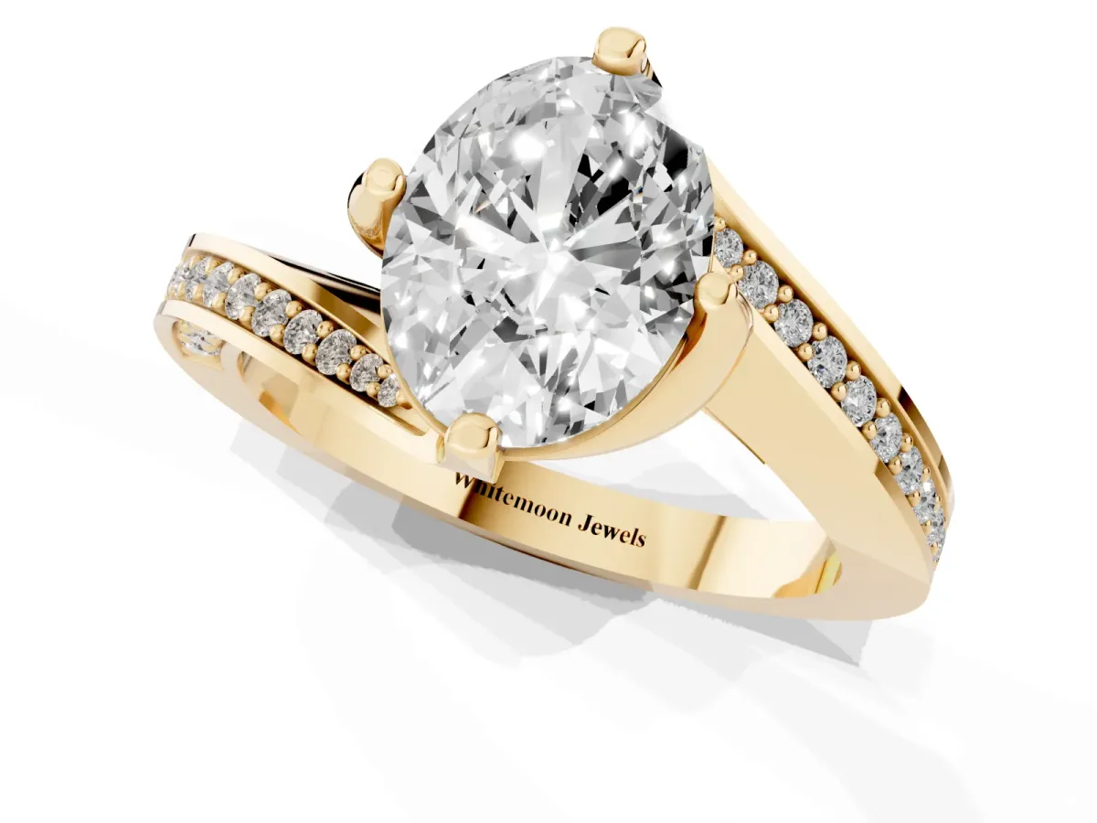 Oval Cut Solitaire Diamond Twist Band with Pavé Setting and Four-Prong Setting Yellow gold