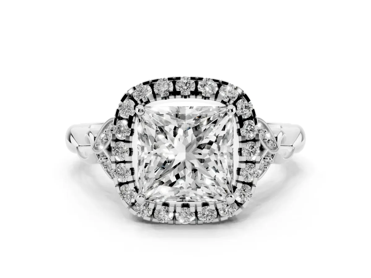 Princess Cut Halo Diamond Engagement Ring with Vintage-Inspired Band and Four-Prong Setting Silver