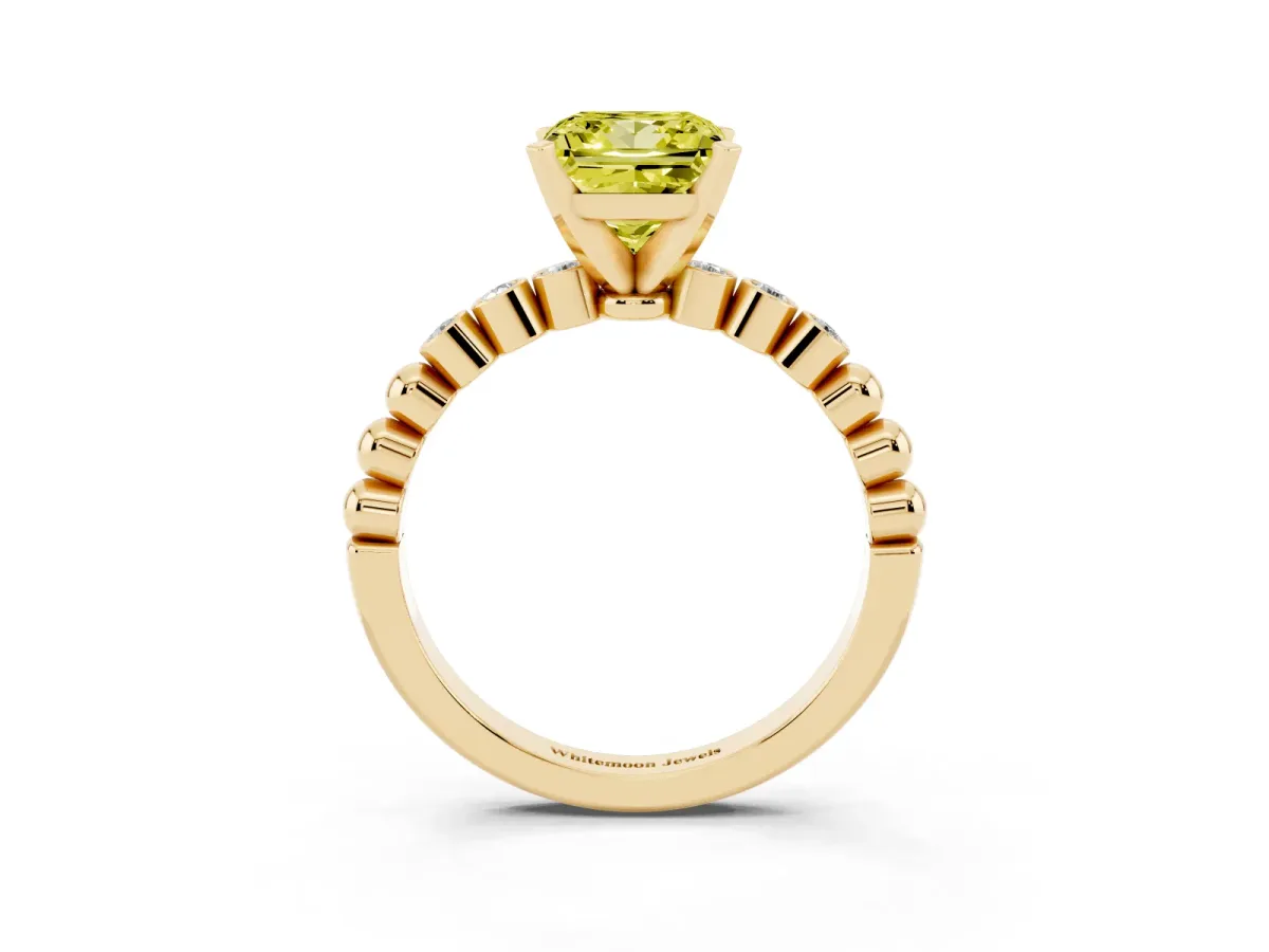 Fancy Yellow Princess Cut Solitaire Bezel Accent Diamond Engagement Ring with Beaded Band and Four-Prong Setting Yellow gold